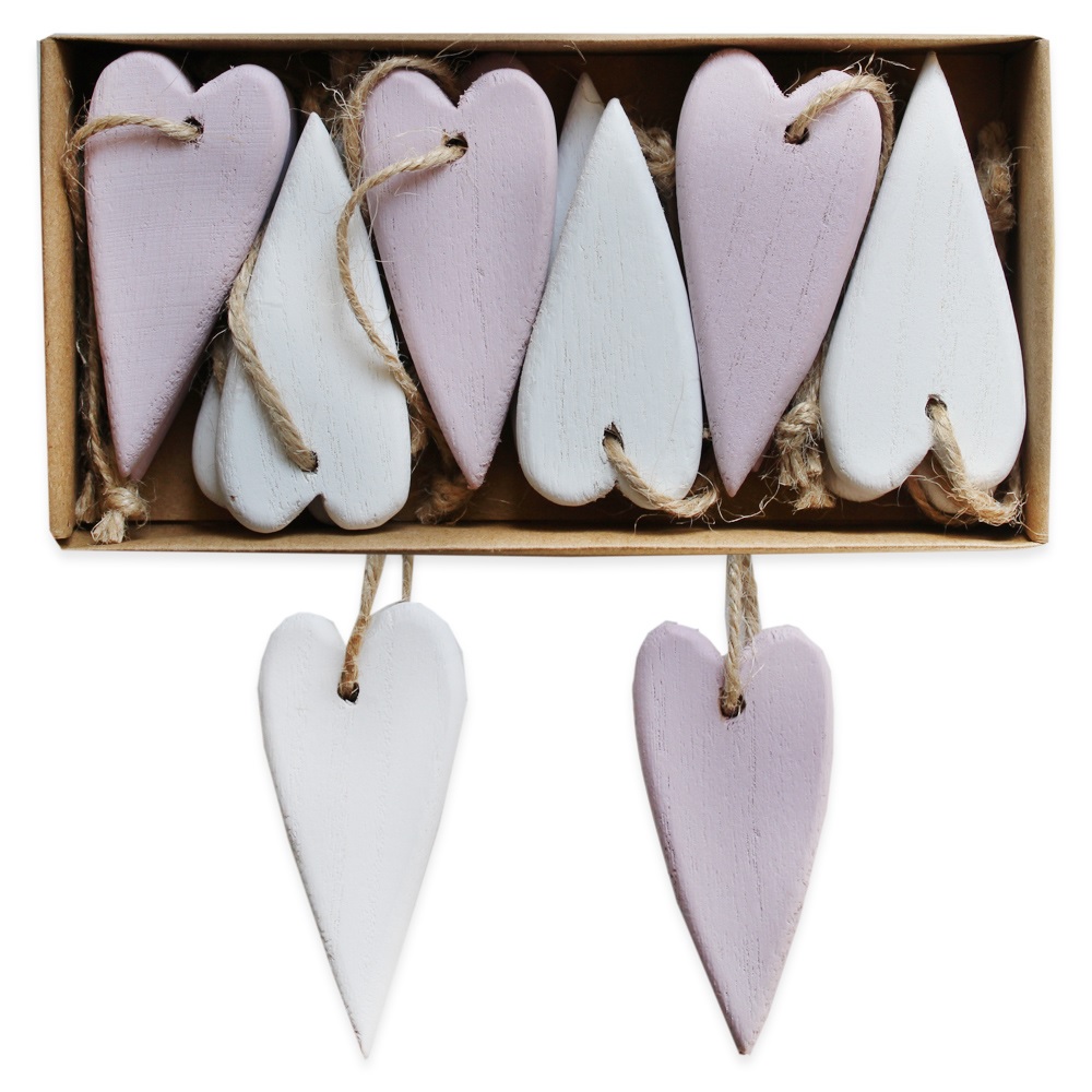 Srdce závěs dřevo 12ks 8cm bílá lila